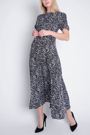Short Sleeve Maxi Dress - Black Leopard Print